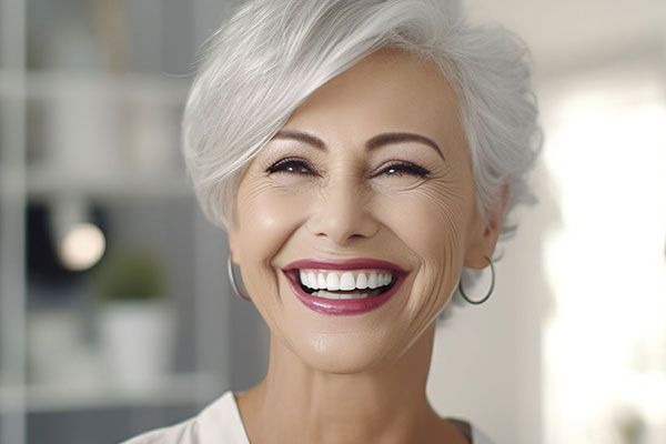 The image features a smiling older woman with short hair, wearing makeup and a white top, against a blurred background that suggests an indoor setting.